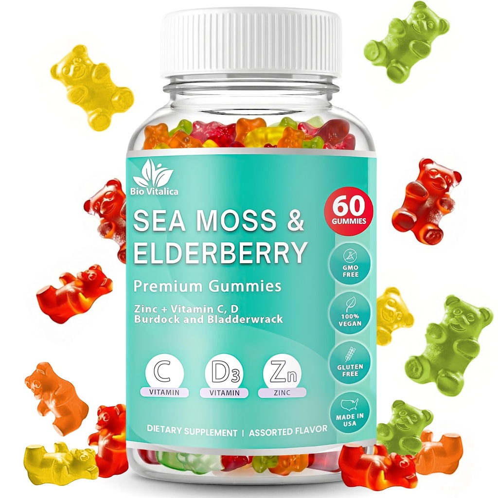BIO VITALICA Sea Moss Gumies Elderberry BioVitalica - Vitamin C D + cink - Irish Seamoss Vegan Gummy z Sea Moss Gel & Prašek za imuniteto, Detox - za odrasle in otroke