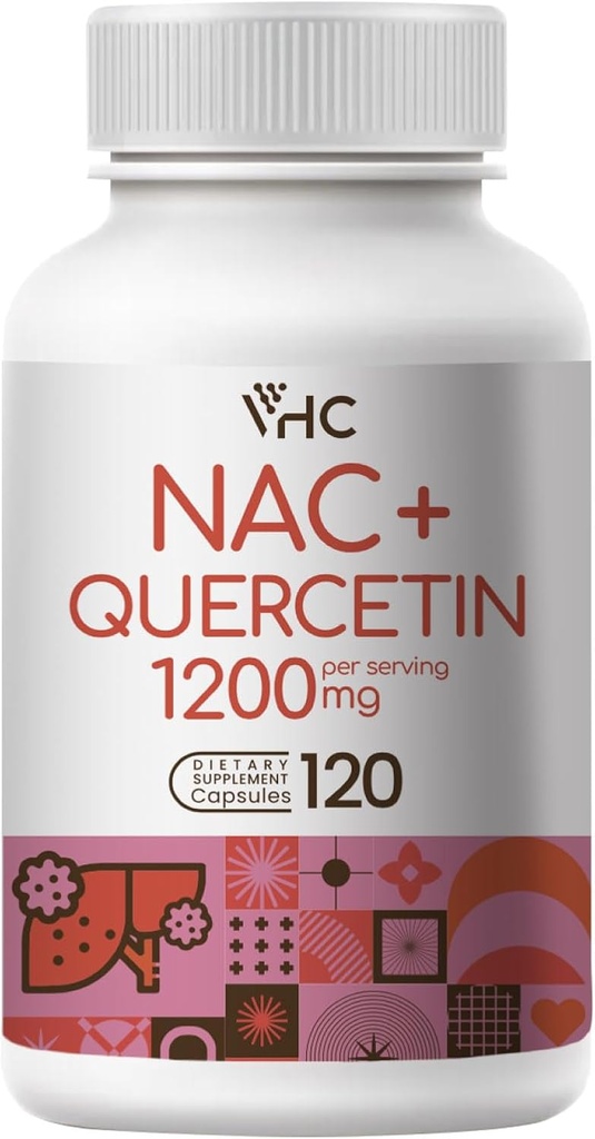 VHC NAC dodatek,Acetil L-karnitine1200mg Plus Quercetin, Optimalni odmerek (1200mg + 100mg), 2 v 1 Dvojna akcija Formula N-acetil-L-cistein s Quercetin, za dihala, jetra, Imune, Izdelano v ZDA