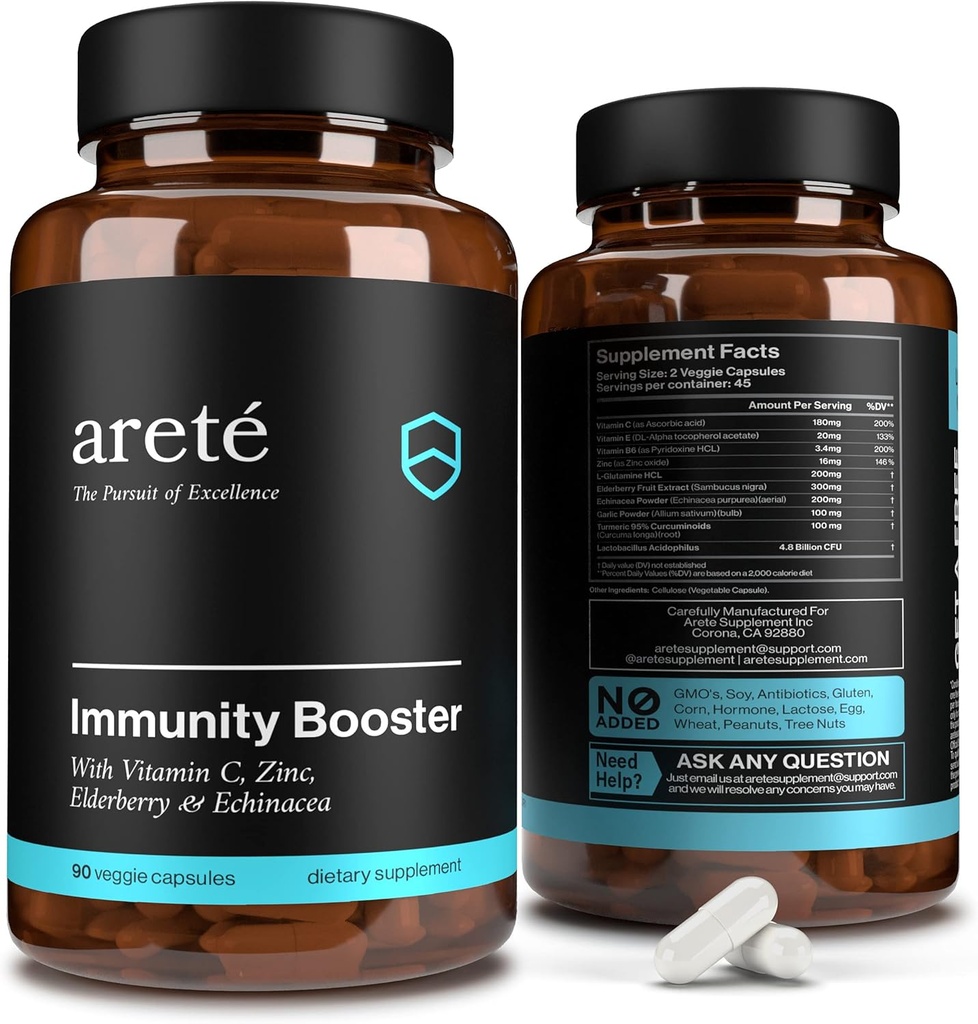 Premium Imunity Booster Supplement – 10 v 1 Naravni dihalni in imunski sistem Booster, 90 Kapsule, Vitamin C, cink, Bezgove jagode, Kurkumin, Česen, Probiotic Imune Booster Podpora Vitamini
