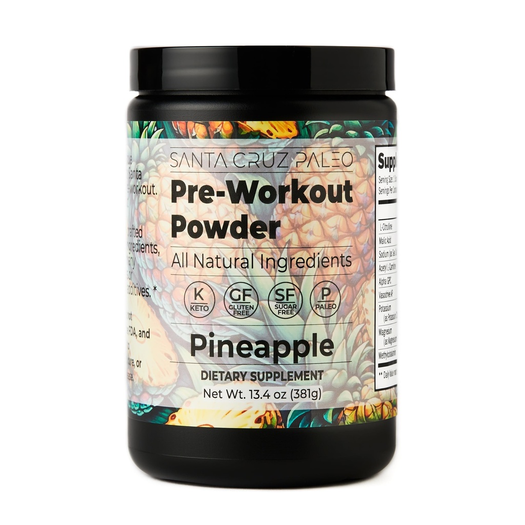 Santa Cruz Paleo Pre Workout Powder Elektroliti, Magnezij, Kalij, Morska sol & L Citrulin, Kofein & Sugar Preworkout Napitek Mešanica za energijo in hidracijo, Ananasov okus, 30 Servinga