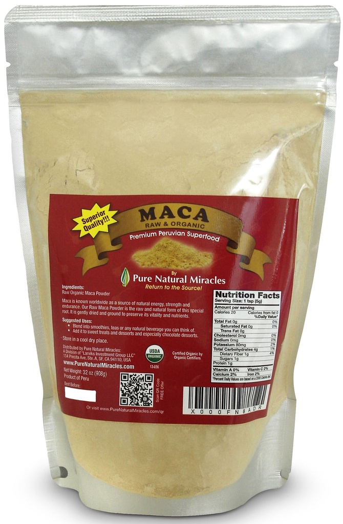 Organski perujski korenski prah Maca (16 oz) - Raw & Nutrient-Dens Adaptogene Superfood - Podpira energijo, hormonsko ravnotežje in vzdržljivost - ne-GMO, Gluten-free & Vegan Wellness Booster