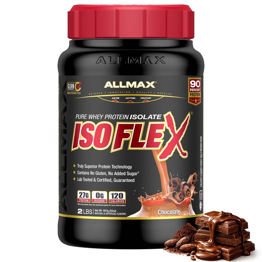ALLMAX ISOFLEX izolat sirotkinih beljakovin, čokolada - 2 lb - 27 po Gramu beljakovin na Scoop - nič maščob in sladkorja - 99% brez laktoze - brez glutena in soje - pribl. 30