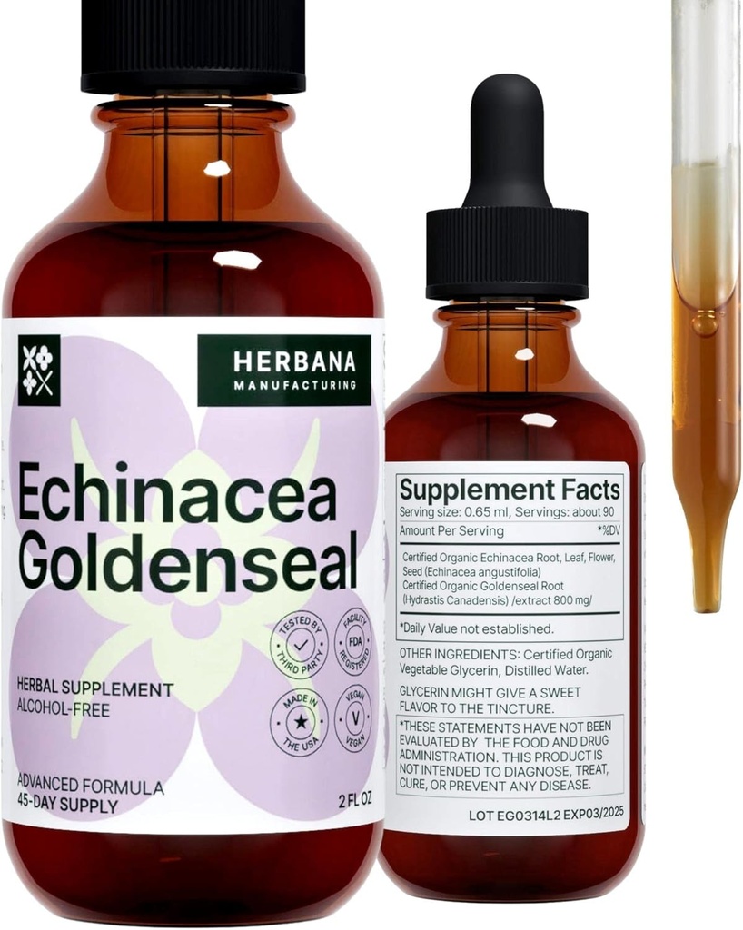 Echinacea in Goldenseal 2 fl oz Liquid Extract - naravni zeliščni dodatek - Imunske podporne kapljice - Izboljšaj spanje 