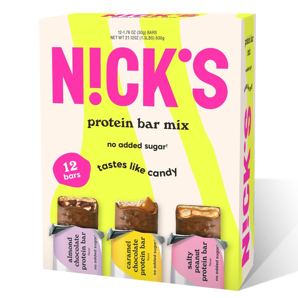 Nick's Protein Bars Chocolate Variety Pack High Protein, Low Calories, Low Carb Keto Prijazni prigrizki Brez dodanega sladkorja, Slani arašid, Čokolada Karamela in mandljeva čokolada (12 Pack)