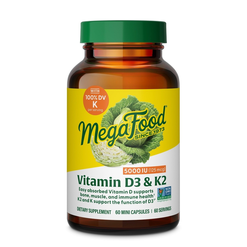 Megafood Vitamin D3 5000 i.e. (125 μg) - Vegetarijanski dodatki z vitaminom D3 K2 - Podpira kosti, zobe, mišice in imuno zdravje - Certified Non-GMO - 60 Mini kapsule, 60 Servings