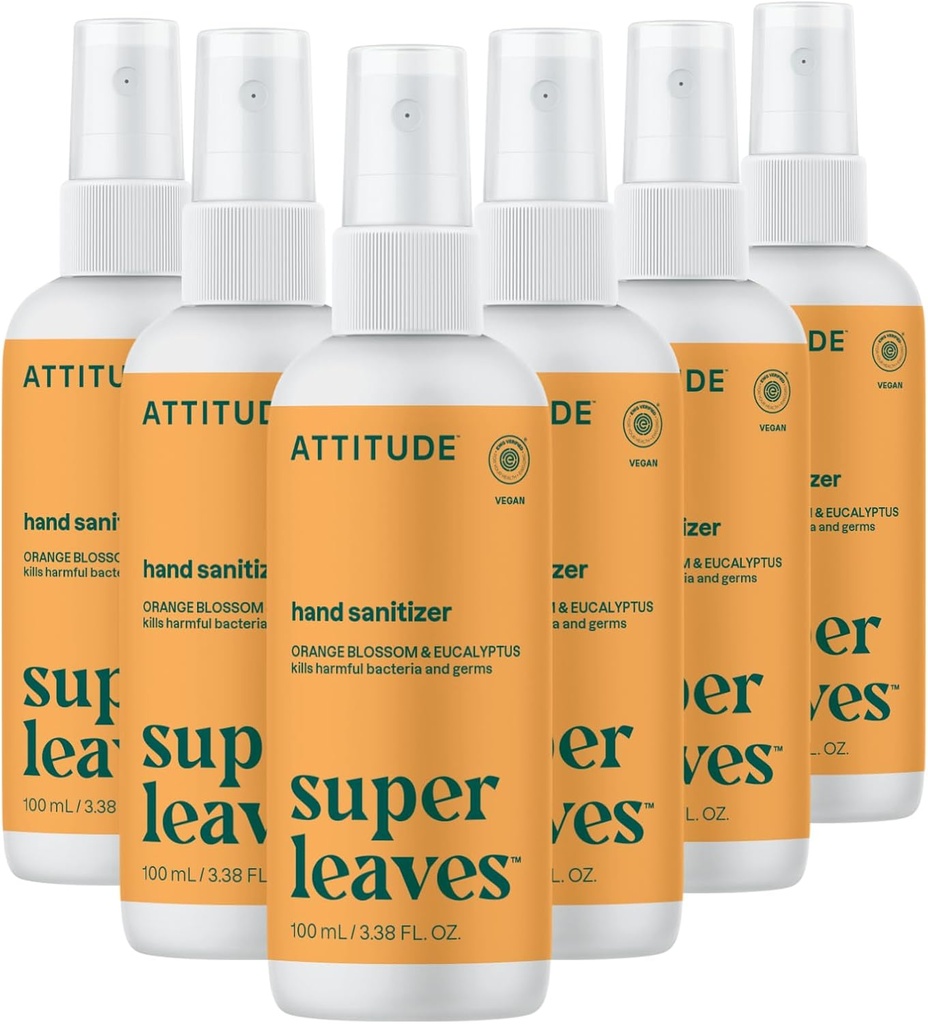 ATTITUDE pršilo za ročno čiščenje, EWG preverjeno, Kills Germs & Bakteria, Vegan & rastlin-based, varno za odrasle in otroke, Orange Blossom & Eucalyptus Scent, 3,38 Fl Oz (Pack of 6) (Spray steklenica)