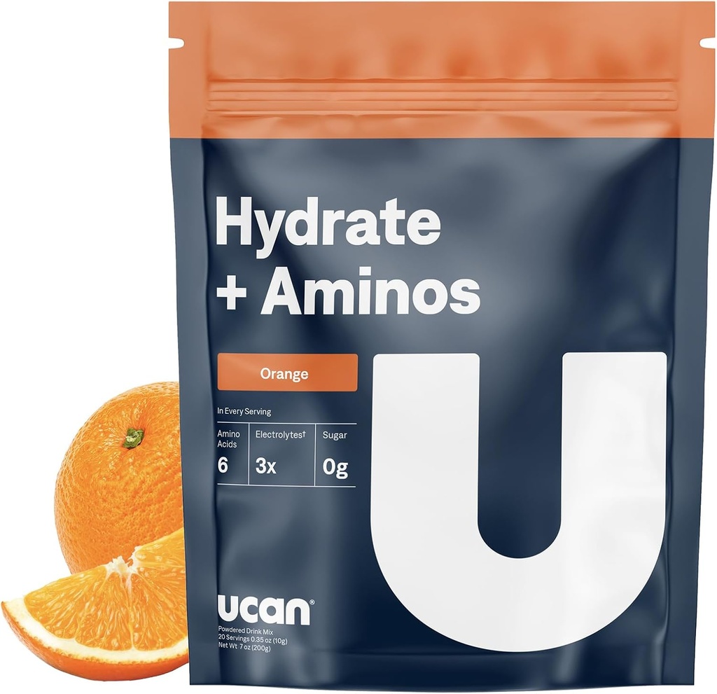 UCAN Hydrate + Aminos, Orange 20 Serving Bag, Keto, Sugar-free Elektrolit + Recovery mišic, Essential Electrolytes + EAAS & BCAA, Non-GMO, Vegan, za runnerje, Gym-Goers, Performance Athleti