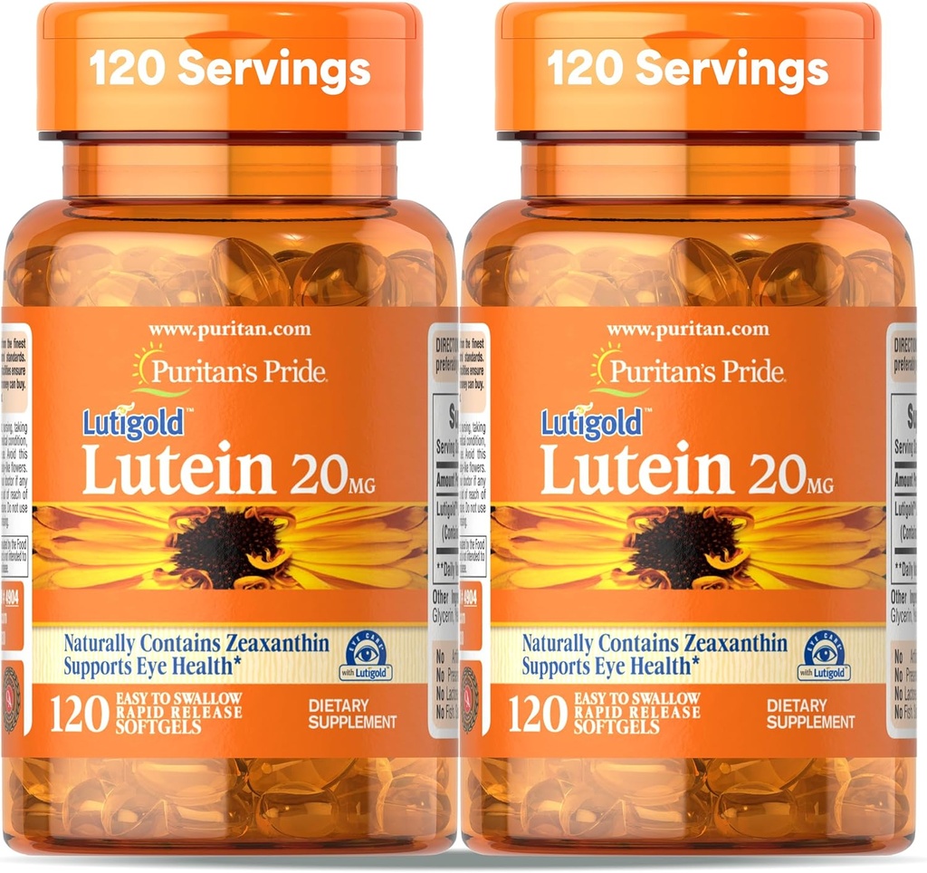 Puritan's Pride Premium Lutigold Lutein Karotenoid 20mg z Zeaksantin za moške in ženske, Prehranska dopolnila za zdravje oči, 8 Mesec dobave, 120 Easy-to-Swallow Softgels, 2 Pack