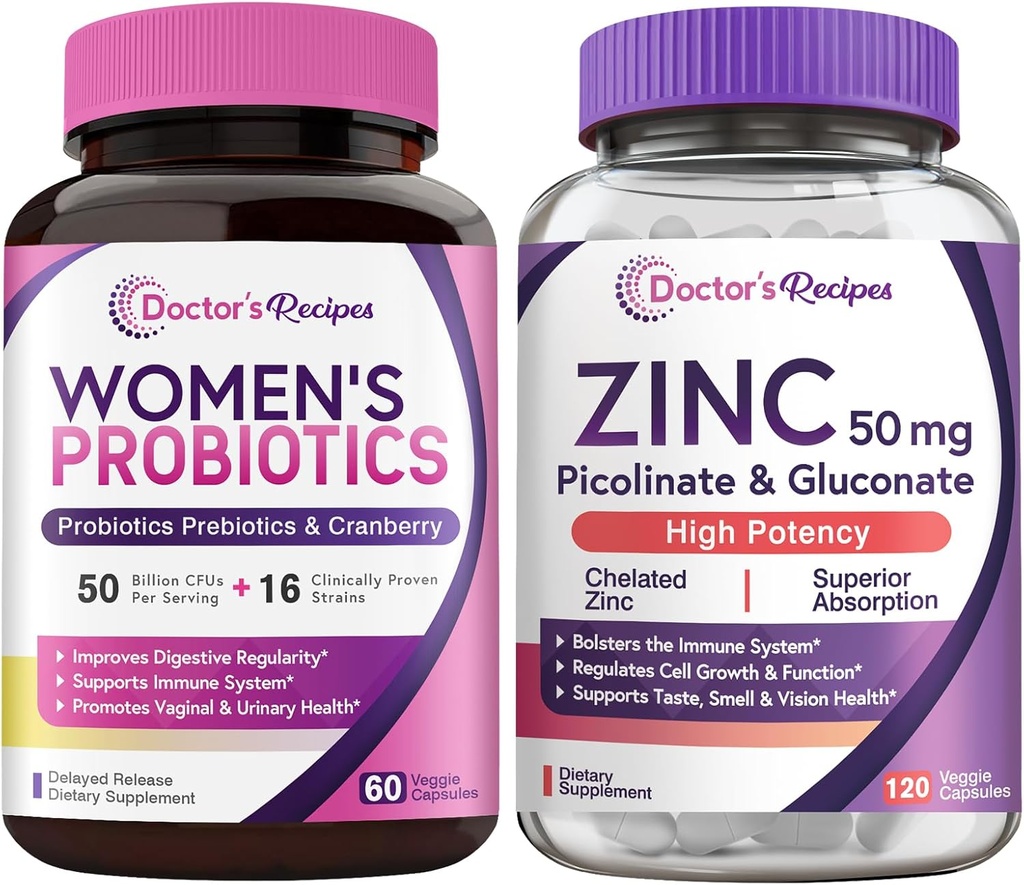Zdravnikovi recepti Probiotik in cink bundele, Prebavne, Vaginalno in urinarno zdravje, Naravne imunske zaščite, Zapoznela sprostitev Probiotične kapsule 60ct & cinkove kapsule 120 ā