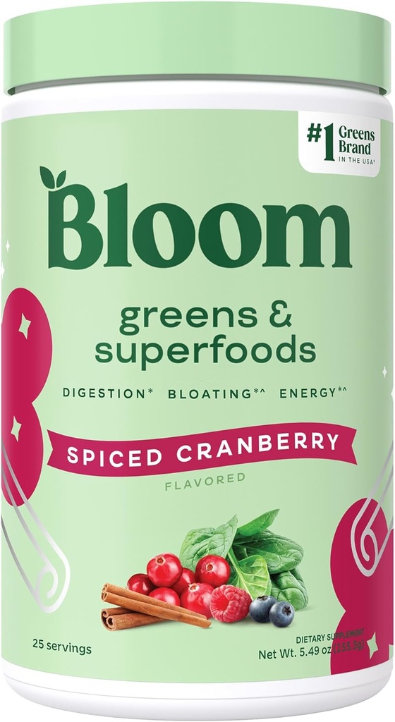 Bloom Nutrition Superfood Greens Powder, Prebavne encime s probiotiki in prebiotiki, Gut Health, Bloating Relief za ženske, Klorella, Green Juice Mix z Beet Root, 25 SVG, Spiced Cranberry