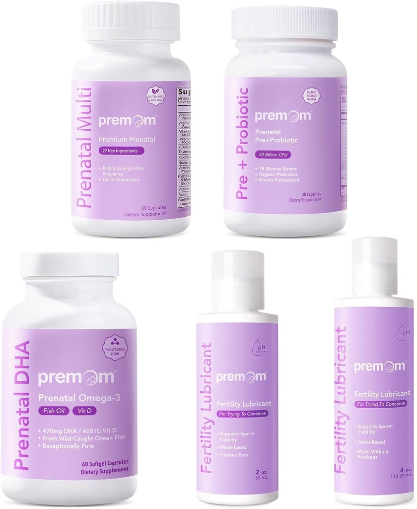 Premom Multivitamin za ženske + prednatalno ribje olje DHA + prenatalne pre- probiotike + mazivo za plodnost za koncepcijo 2&4 Fl Oz