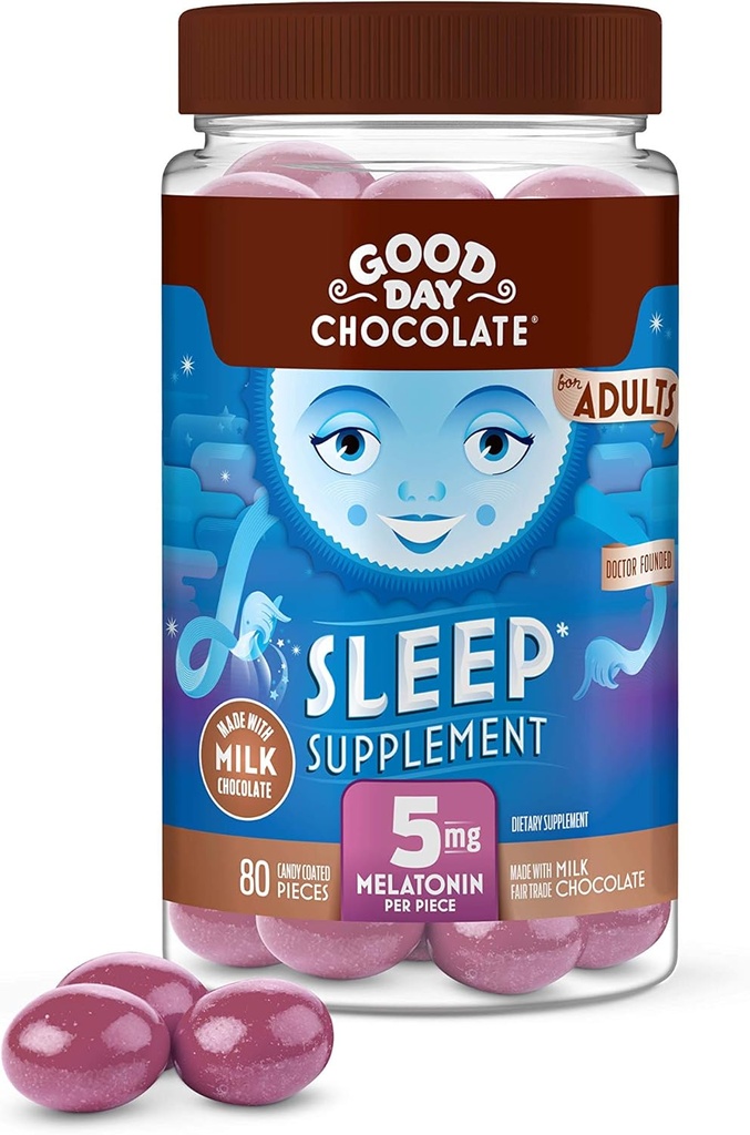 Dober dan Čokolada Melatonin za odrasle [ 80 Count ] - Poštena trgovina Ne-GMO mlečna čokolada s kamilico in melatonin 5 mg - odrasli Melatonin, Adult Natural Sleep Aid dodatek