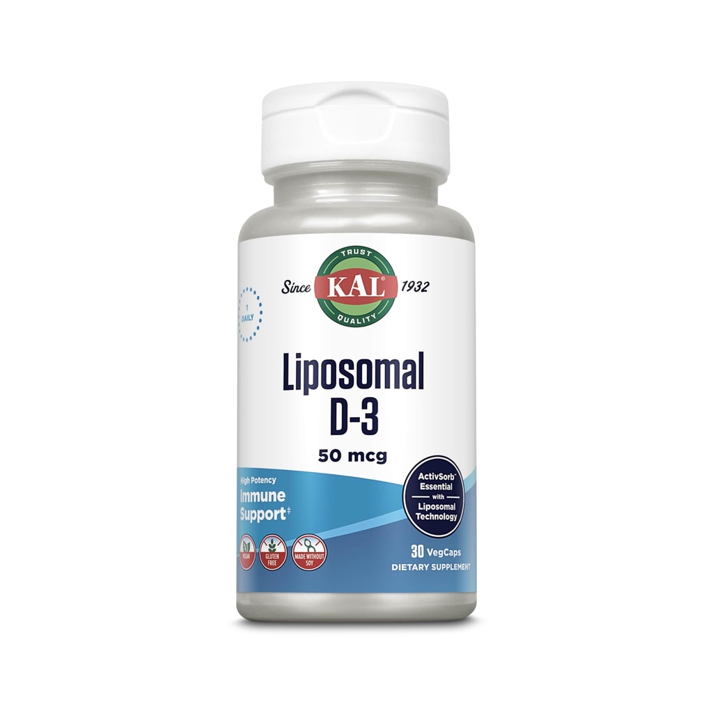 KAL Liposomski vitamin D3 50 μg, visoka absorpcija Vitamin D, liposomska tehnologija, visoka jakost Imunska podpora, veganske kapsule, brez glutena, brez soje, 30 streženj