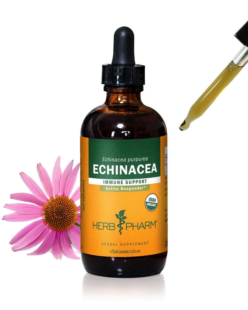 Herb Pharm Certified Organic Echinacea Root Liquid Extract za podporo imunskega sistema, Organski trs alkohol, 4 Ounce