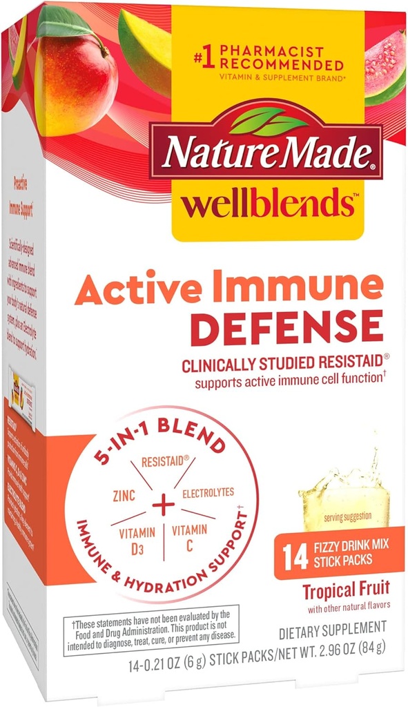 Narava narejene Wellblends Active Immune Defense Fizzy Drink Mix, ResistAid, Vitamin C 500mg, Vitamin D 1000 IU, cink, in elektroliti v prahu, 14 Packs