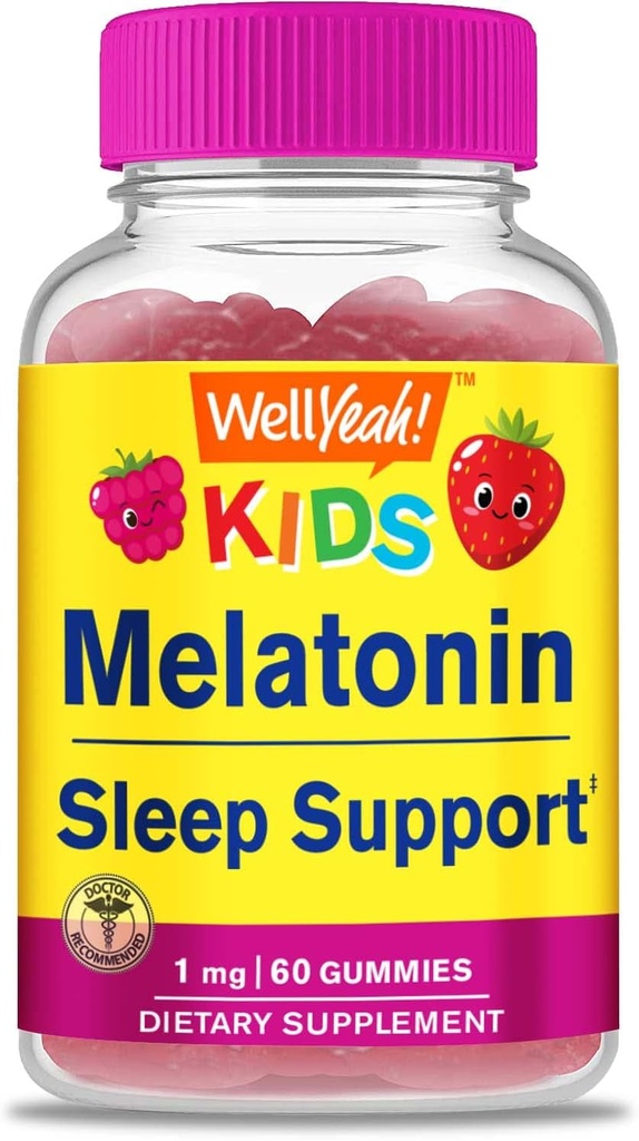 WellYeah Kids Melatonin Gummies 1 mg - Doplačilo brez drog za pomoč pri spanju Gummy, Podpora za spanje za otroke - Gluten Free, želatina brez GSO, vegetarijanski - Naravni vir okus - 60 Gummies
