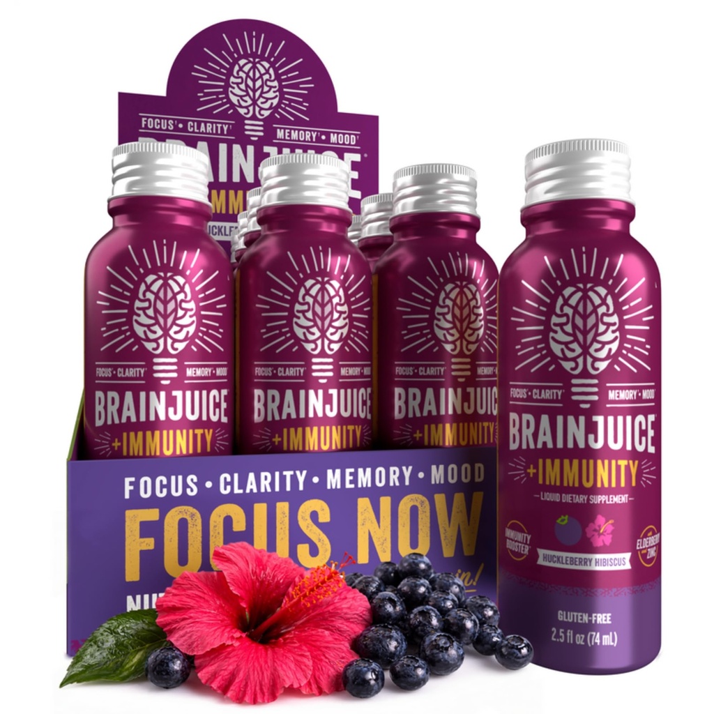 BrainJuice Brain and Immune Shot, Gluten brezplačno Dopolnilo Shots za energijo, Fokus, Imuniteta z vitaminom D, C B, Alpha GPC & Organic Ginger Root, Huckleberry Hibiscus, 2,5 fl oz, 12 Pack