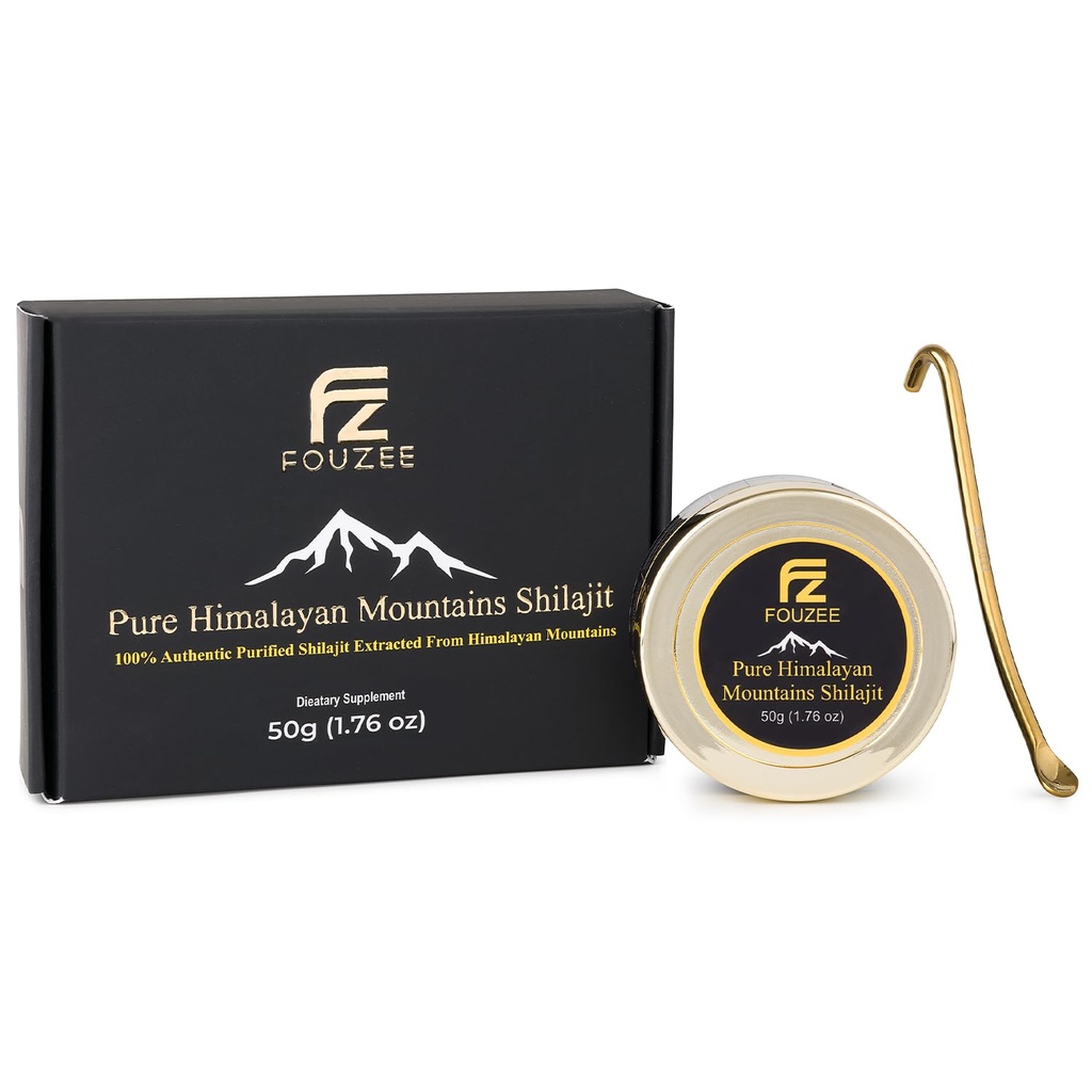 FOUZEE Pure Himalajansko gorovje Shilajit - 77% + Fulvična kislina avtentična trda konsistenca, naravni vir fulvične kisline, več kot 85 Trace minerali, vključuje Stainless Steel Spoon (50 Gram)