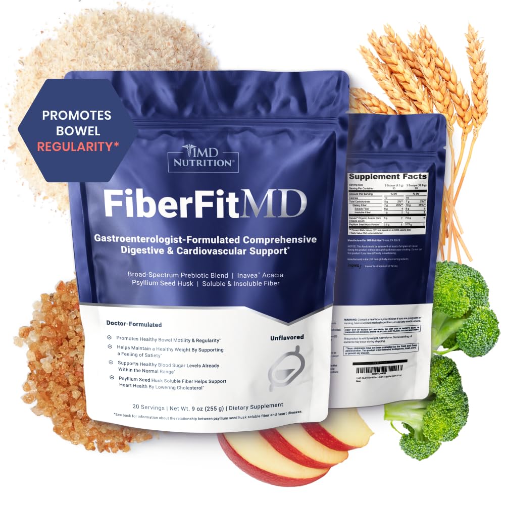 1MD Nutrition FiberFitMD - za Potent Digestive & Kardiovaskularna podpora - Zdravstveni dodatek za ženske in moške - visoke vlaknine v prahu - 30 dni