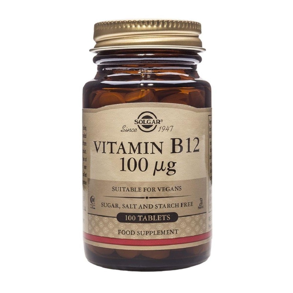Solgar Vitamin B12 100 μg - 100 tablet - energijska presnova in podpora živčnega sistema - ne- GMO, Vegan, Gluten & Dairy Free, Kosher, Halal - 100 postrežbe