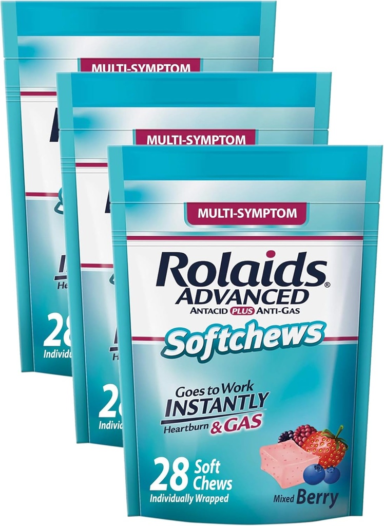 Rolaids Advanced Antacid Plus Anti-Gas Softchews, 28 Število, Mešano Berry, Zgaga in Relief plina (Pack 3)