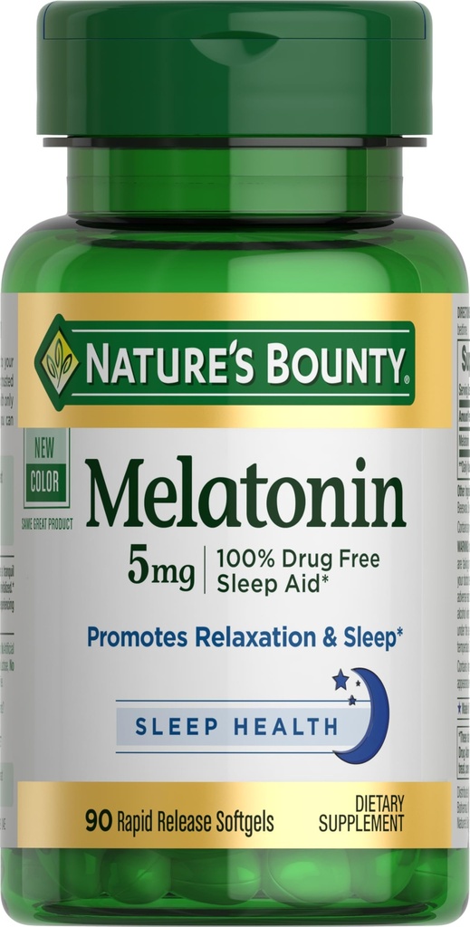 Bounty melatonin narave, 100% brez drog pomoč za spanje, prehranska dopolnila, spodbuja sprostitev in spanje zdravje, 5mg, 90 Softgels (paket z 1)