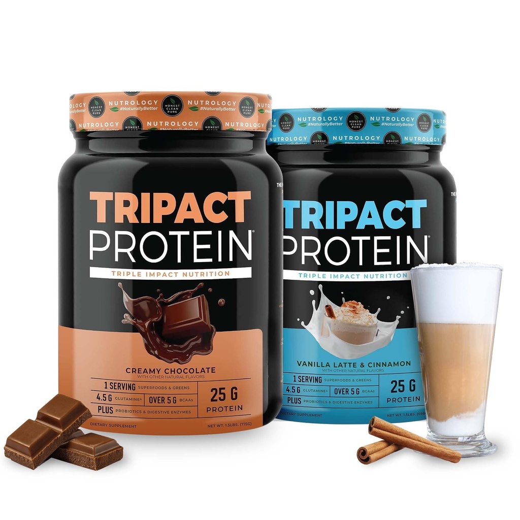Nutrologija TRIPACT Proteini - Premium Nutrition Shake - Ne-GMO Grass Fed Whey Protein,Plant Proteins,Greens,Superfoods & probiotics - 5g BCAA - Kremasta čokolada & VanillaLatte w/Cinnamon 1.5lb Vsaka
