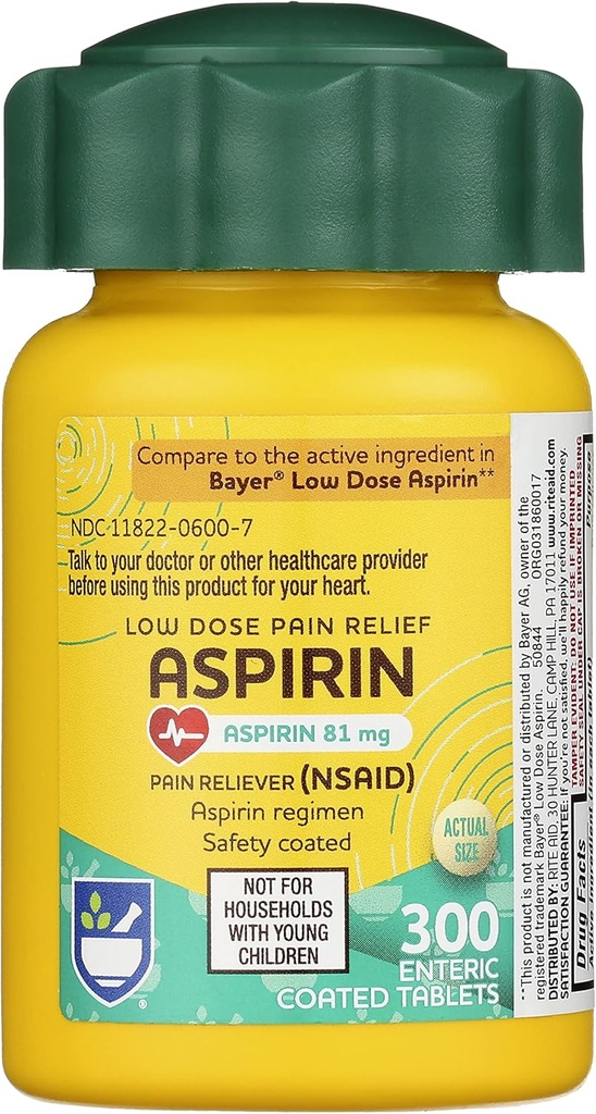 Aspirin Aspirin Enterične tablete, 81 mg Aspirin - 300 števk, lajšanje bolečin z majhnim odmerkom, aspirin za lajšanje glavobola, enterična varnost Obložene tablete, Aspirin Regimen, Migrena medicina, lajšanje bolečine