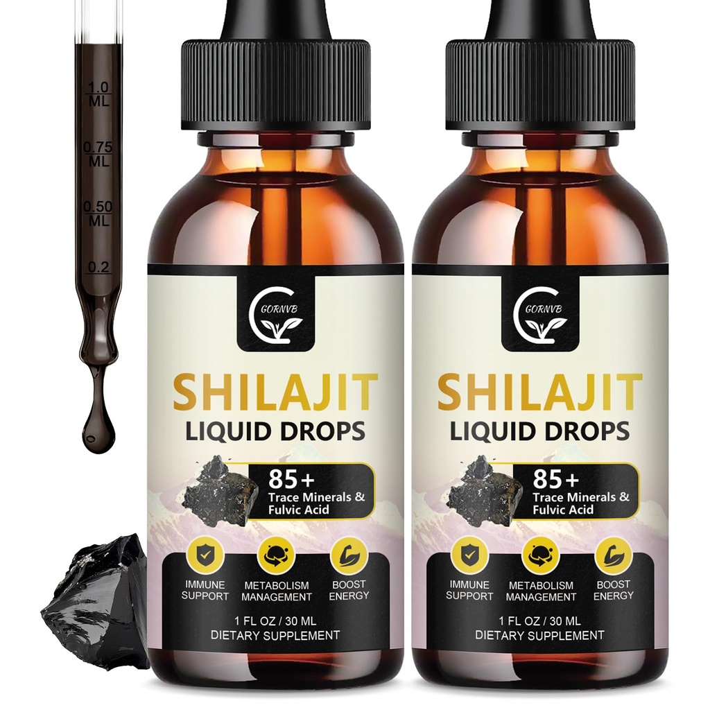 (2-Pack) Visoka moč Shilajit Čista himalajska organska tekočina dodatek, Shilajit Resin kapljica za moške in ženske, Max Potency 85+ Čista sled Minerali in Fulvic kislina za energijo, Presnova in Imunska podpora