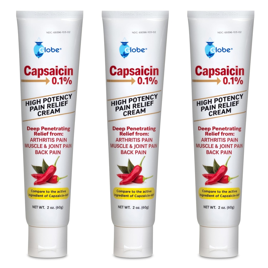 Globe (3 paketi) Capsaicin 0,1% krema za lajšanje bolečine z visoko jakostjo, necentrirana (2 oz) globoka penetracija Relief iz: artritis, mišice, bolečine v sklepih in hrbtu