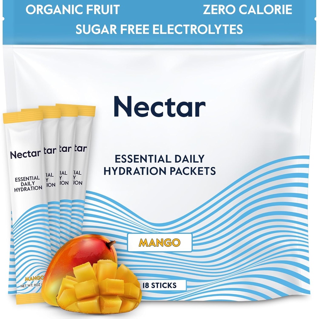 Nectar Hydration Packets - Elektrolitski paketi v prahu - brez sladkorja & 0 Calorie - Tekoče tekoče sadje dnevno IV Hydrate palice za dehidracijo in hitro rehidracijo (Mango 18 Pack)