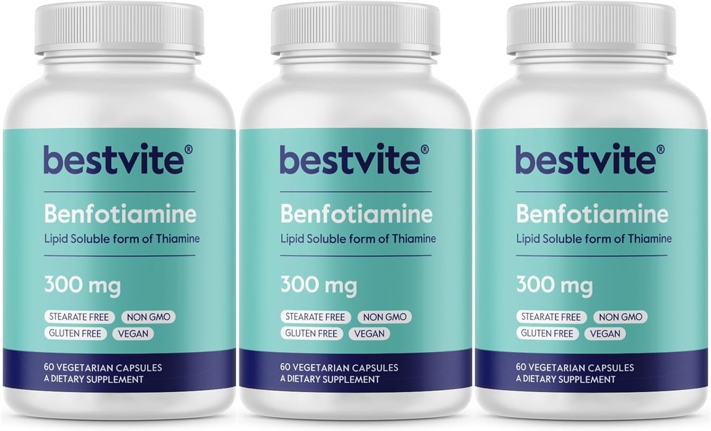 Benfotiamin 300 mg (180 vegetarijanskih kapsul) (60x3) Brez stearat - brez silicijevega dioksida - Vegan - brez GSO - brez glutena