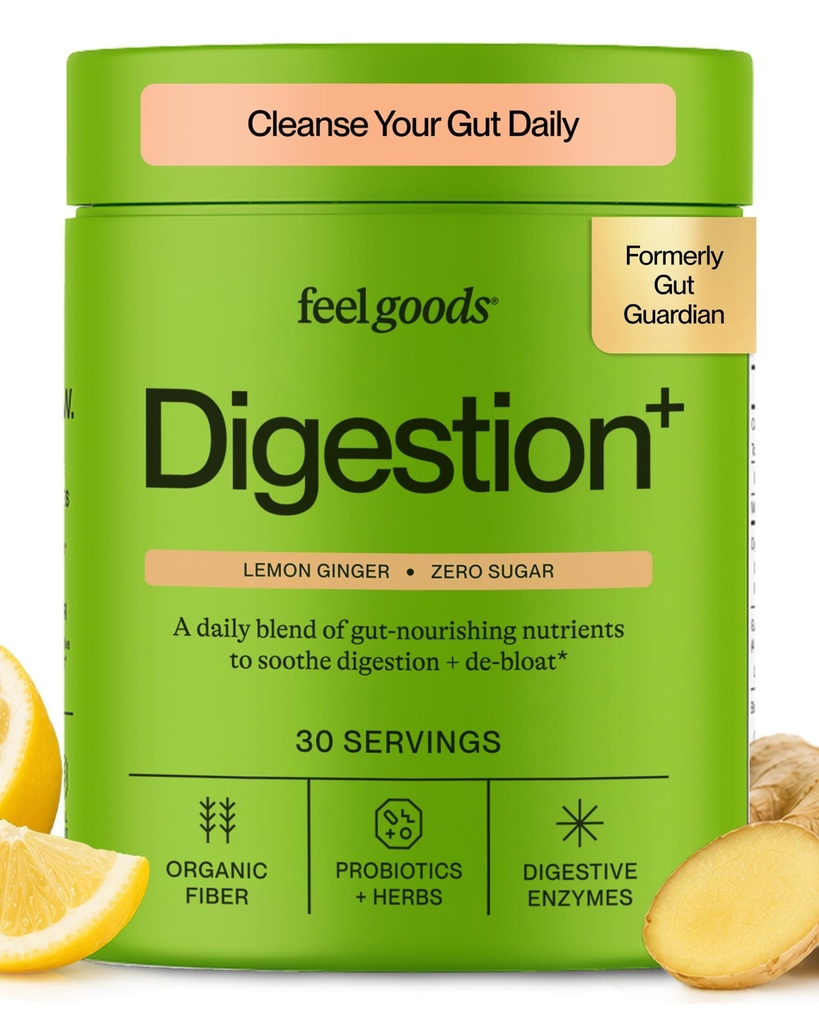 Feel Goods Gut Gut Guardian, Organic Fiber, Probiotic & Prebiotic Powder, Sugar Free, Zelišča za Bloat, Gut Health Support, Prebavno zdravje za moške in ženske, Non GMO, Vegan, Lemon Ginger, 30 Servings
