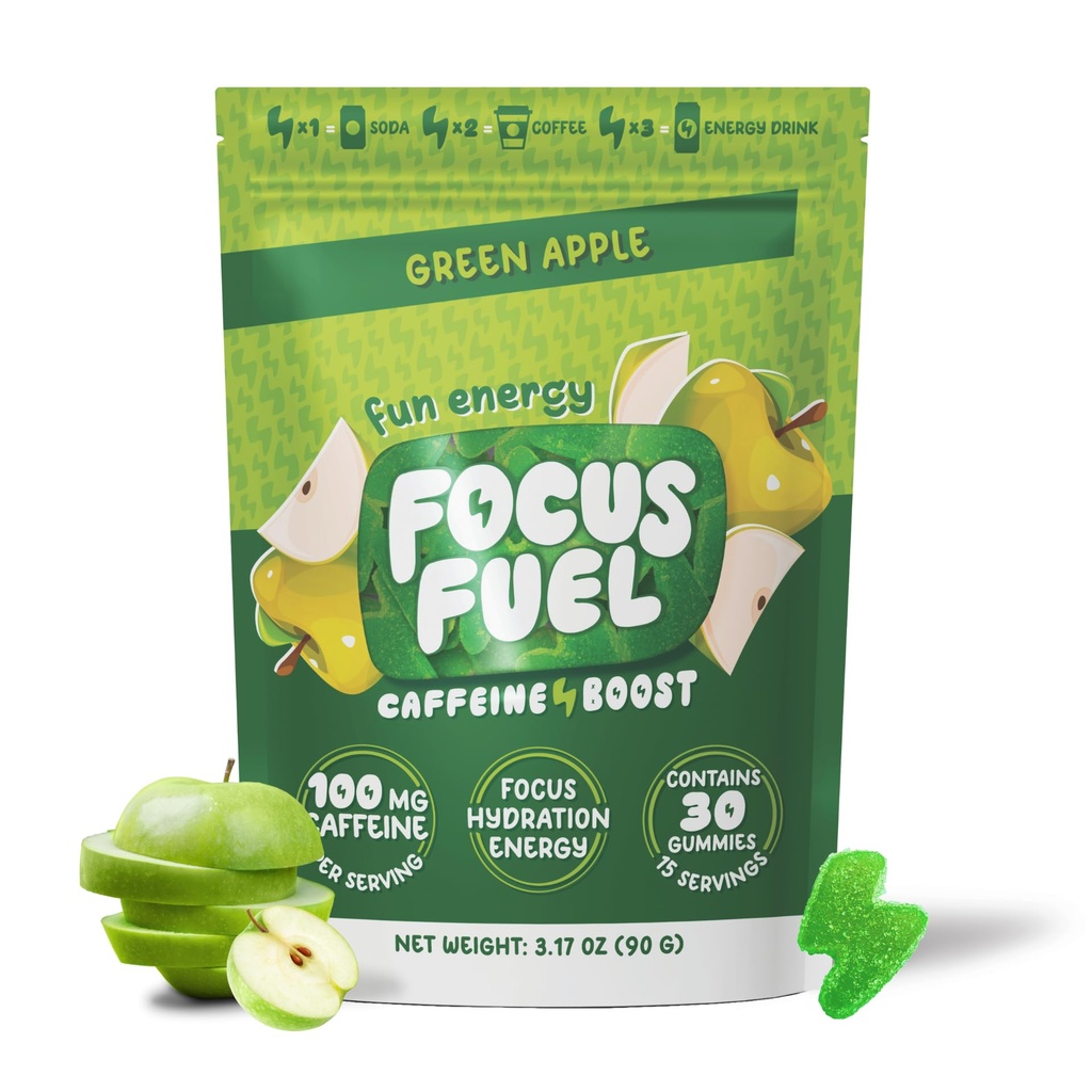 FocusFuel Energy Chews – Green Apple Flavor (15 Servings) – 100mg kofein + B12, Magnezij, Alfa GPC – Boost Focus & Energy – Brez Crash ali Jitters