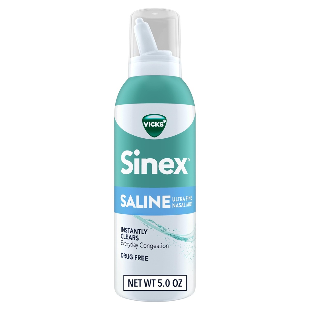 Vicks Sinex Saline Nazal Spray, brez zdravila Ultra Fine Mist, Počisti vsak dan Sinus Congestion hitro, Jasno sluz iz hladne ali alergije, Dnevna uporaba 5.0 fl