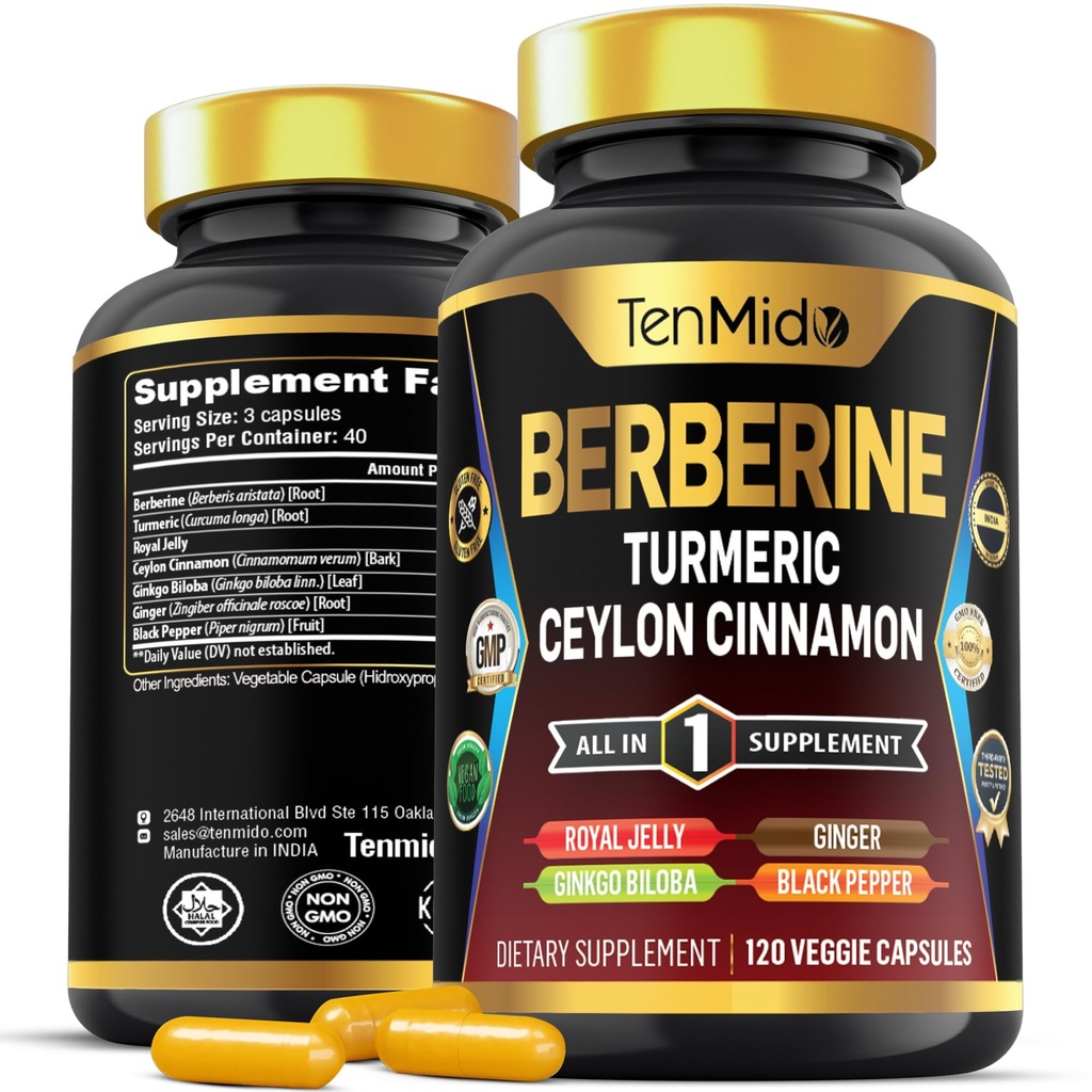 Berberine Supplement - 7in1 Formula - Combine with Turmeric, Royal Jelly, Ceylon Cinnamon, Ginkgo Biloba, Ginger & Black Pepper - Digestive Health, Immune Support - 120 Capsules