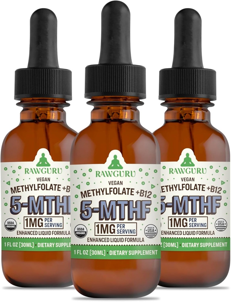 RawGuru Metilfolate 1mg+ Vitamin B12 - Organski veganski metiliran B12 s Trace Minerals - nano-procesirana in izboljšana tekoča formula - 300 Servin veganskih kapljic na 30 ml, Pakiranje po 3