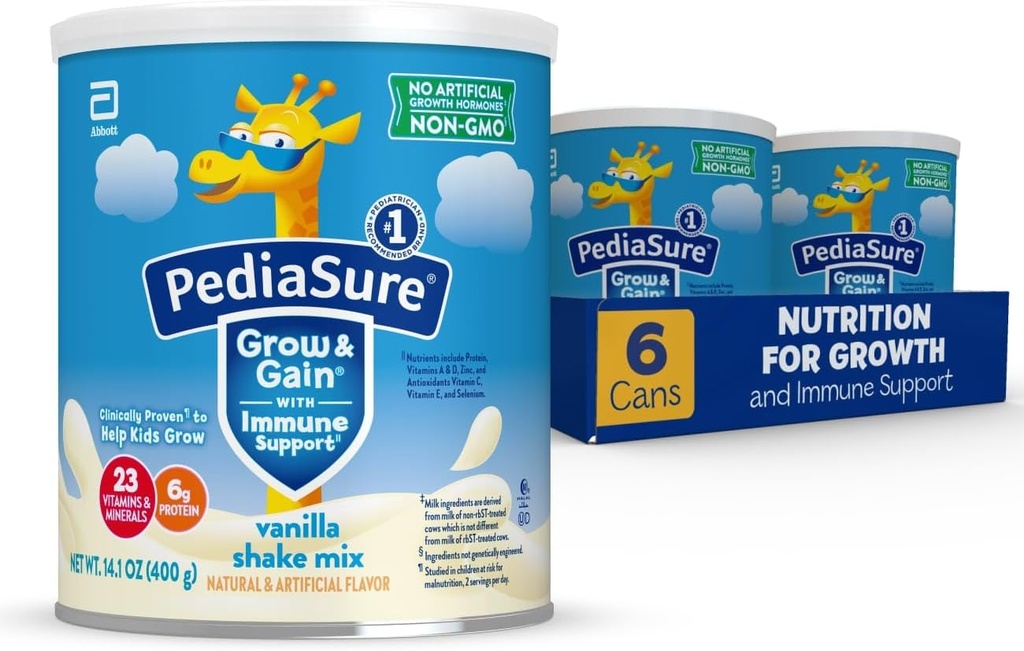 PediaSure Goy & Pridobite z Imunska podpora Tresanje Mix Powder, 23 Vitamini & Minerali, 6g beljakovine, Ne-GMO, Gluten-free, Otroška prehrana, Vanilla, 14,1 oz Can, Pakiranje 648 odmerkov