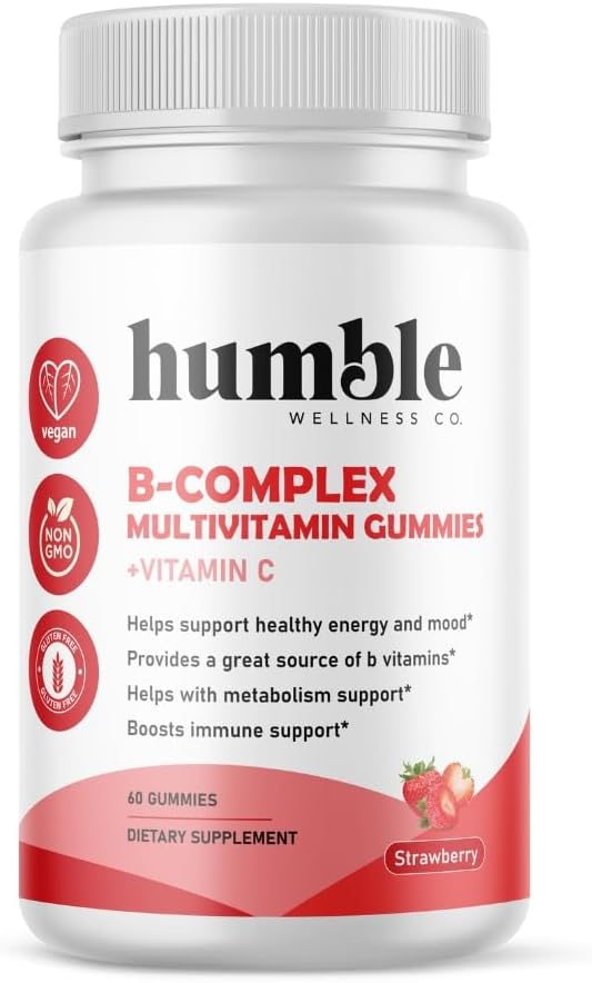 B-kompleks multivitaminski gumiji + vitamin C: vitamin B12, B7, B6, B3, B5, B9. Podpora energiji in razpoloženju, presnovna podpora, Imunska podpora, Gluten, Brez GSO, Vegan, 30 Servingov