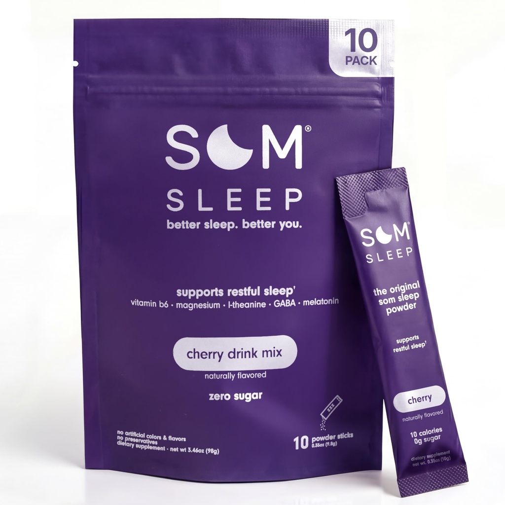Som Sleep, miroljubni spanec v prahu Mešanica w/Melatonin, Magnezij, Vitamin B6, L-Theanine & GABA – Vegan, nič sladkorja, Keto prijazno – Cherry, 10-Pack