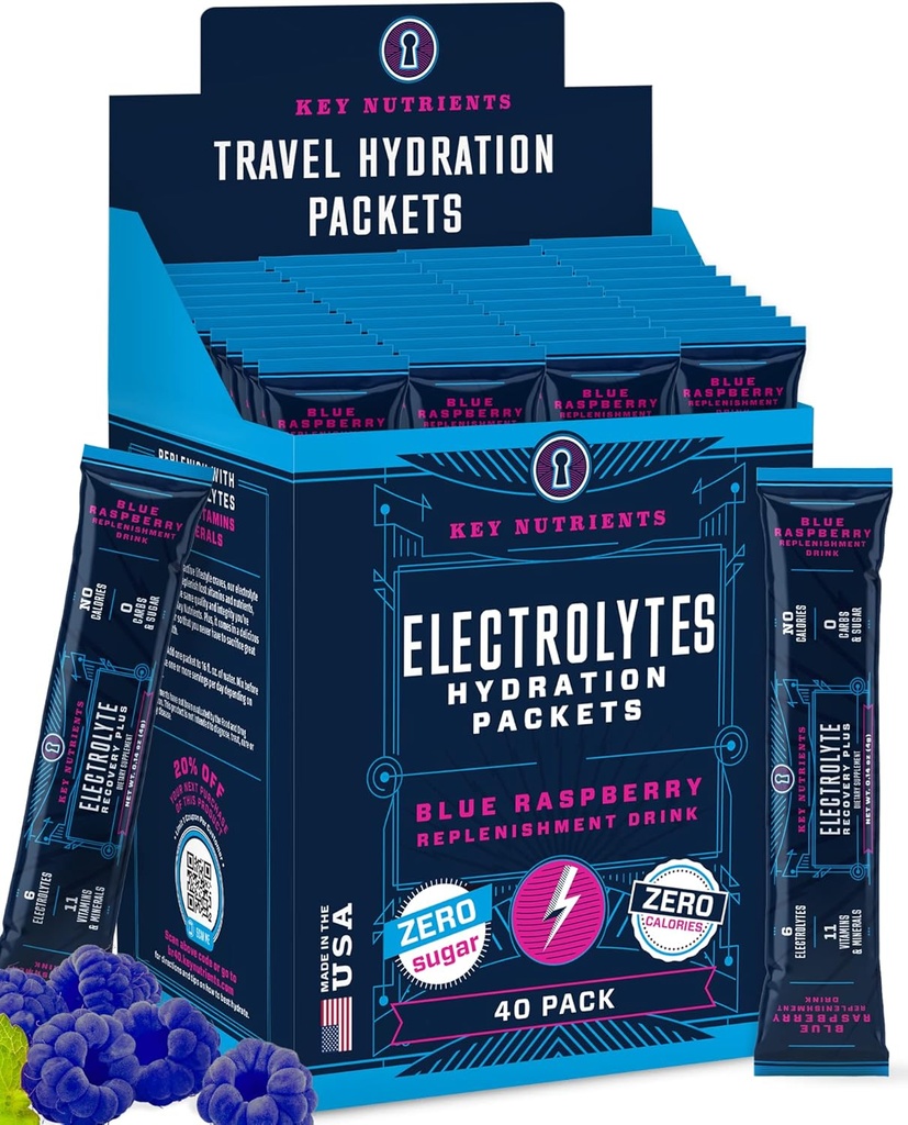 KLJUČNI HRANILCI Elektroliti Powder Packets - Delicious Blue Raspberry 40 Pack Hydration Packets - Travel Hydration Powder - Brez sladkorja, brez kalorij, Gluten brezplačno - Made in ZDA