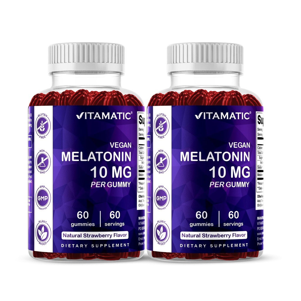 Vitamatski melatonin 10 mg vegetarijanski gumiji – nenavadna tvorba – 60 gumijev na steklenico – 2-pak (skupaj 120 veganskih gumijev)