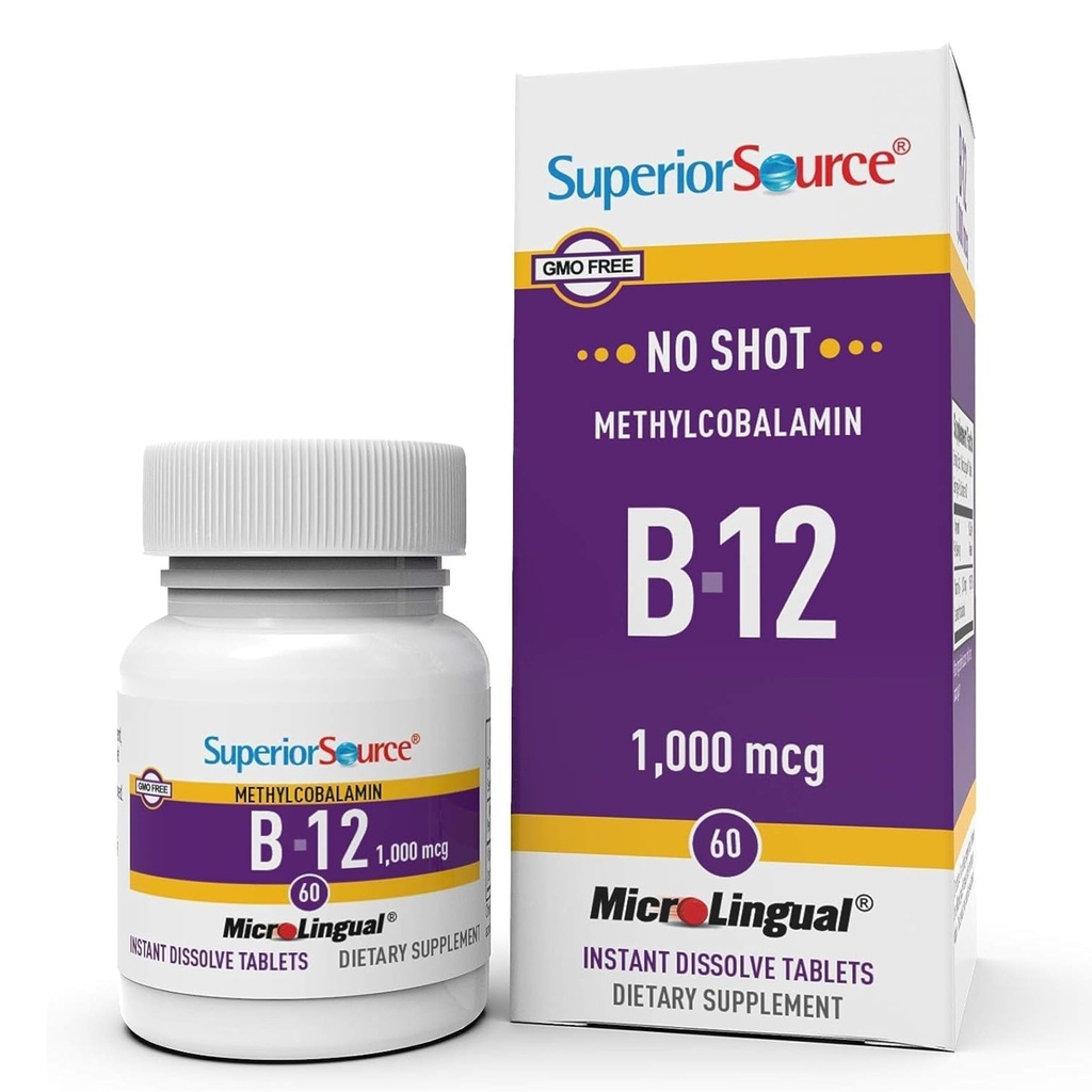 Superior vir No Shot Metilkobalamin B-12 1.000 μg - Vitamin B-12 za podporo proizvodnje energije, zdravje možganov in splošno dobro počutje - Podjezične tablete za hitro absorpcijo - 60 Raztapljanje tablete