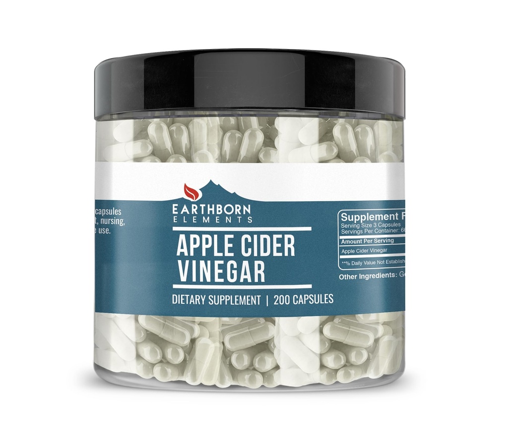 Elementi iz rodu Earthborn Apple Cider Vinegar 200 kapsul, čisti in nerazredčeni, brez dodatkov