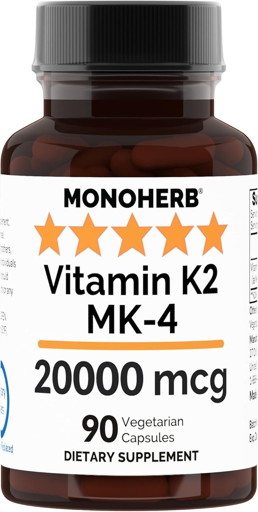MONOHERB Vitamin K2 v obliki menatetrenona MK-4 20000 μg v eni kapsuli - 90 Veg kapsul