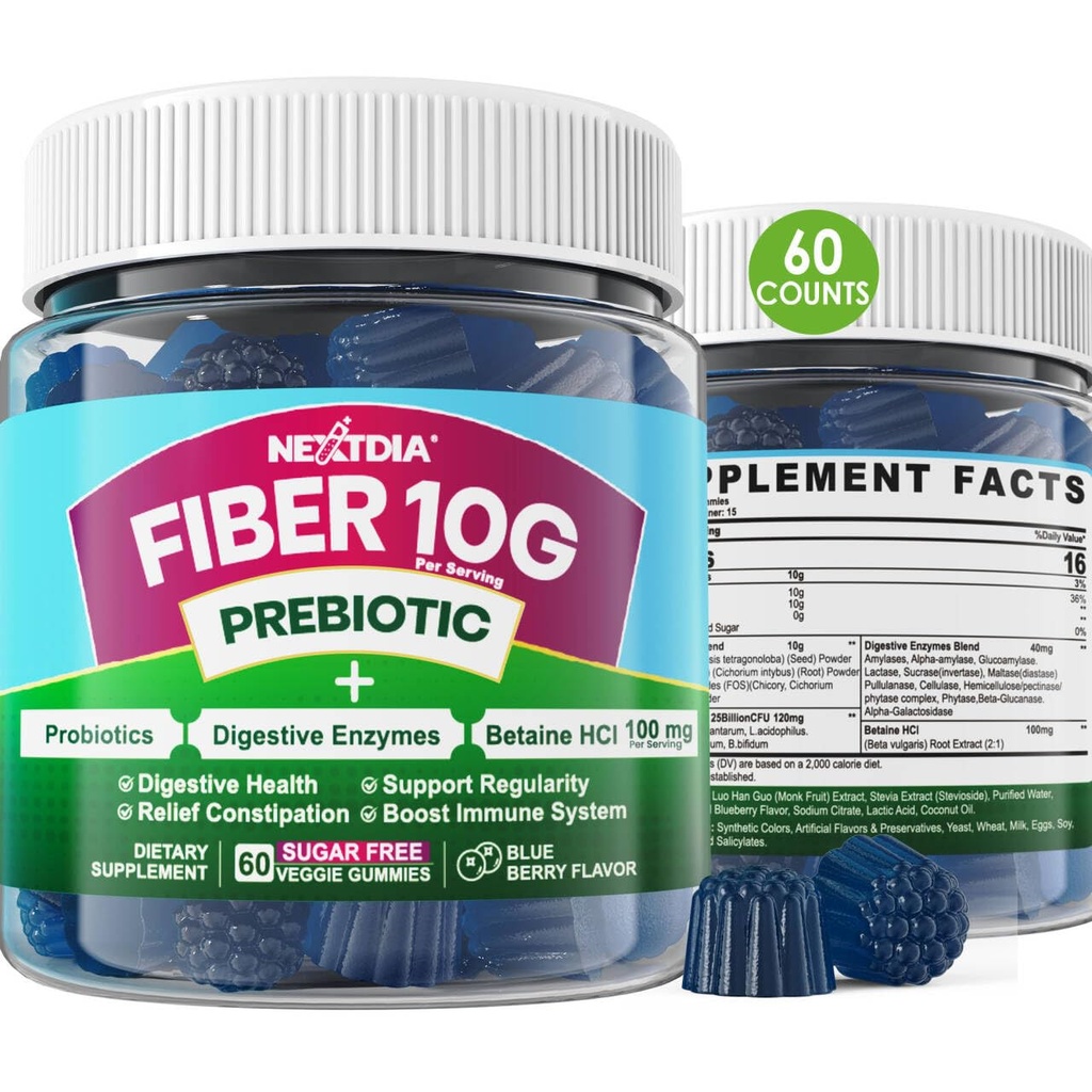 Fiber Gumies za odrasle, sladkor brez 10g Prebiotične Fiber dodatek z digestivnimi encimi, probiotiki & 100mg Betain za digestiv & Gut zdravje in Regulirajte Bowel gibanje, Vegan, Želatina brezplačno, 60ct
