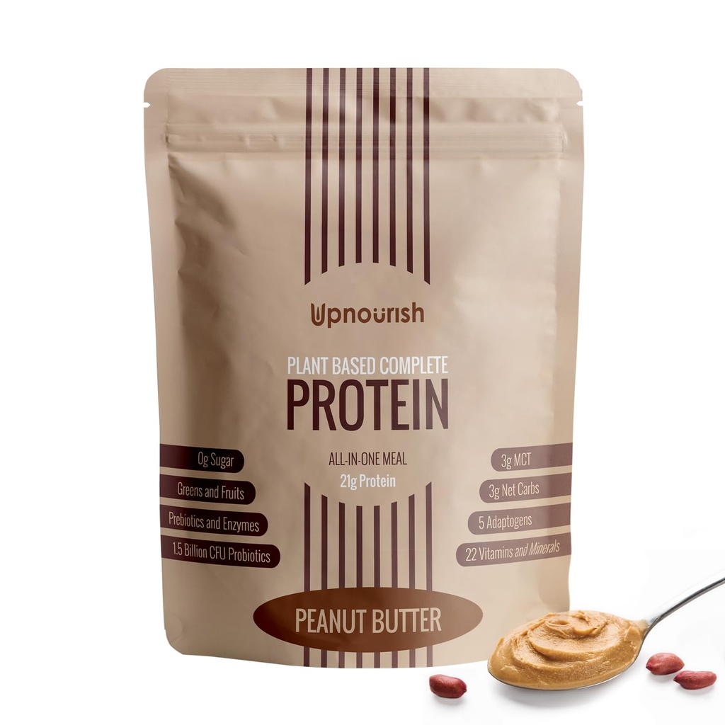 upnourish Peanut Butter Vegan Protein Powder 54 Superfoods Powder,1.5 milijarda CFU Probiotiki 21g Probiotiki na osnovi rastlin brez sladkorja brez mleka brez gensko spremenjenih organizmov brez mlečnih izdelkov, Zamenjava hrane Keto-prijateljska prehrana z nizko vsebnostjo ogljikovih hidratov,15