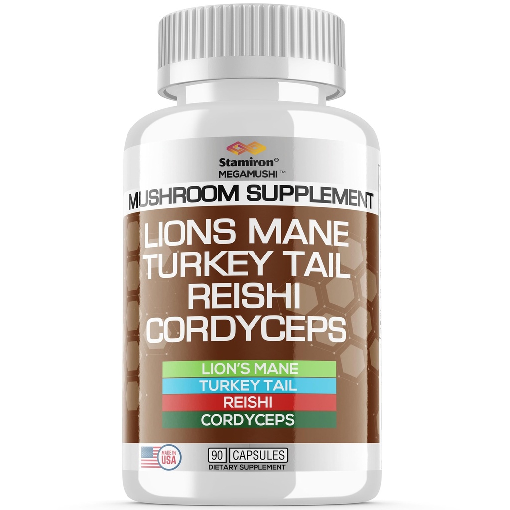 Stamiron Lions Mane Supplement Turčija Repne gobe Kapsule s Cordyceps Extract & Reishi gobe - Alt gobam, gobe v prahu, goba kava - 90 Število
