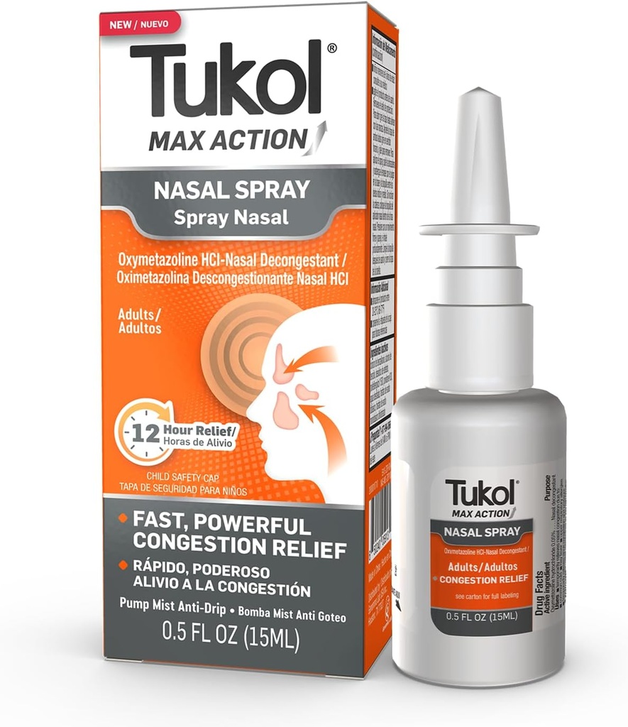 TUKOL Max Action Nazal Spray, Oxymetazolin Nasal Dekongestiv Spray za odrasle, Hiter zamašen nos in Sinus Congestion Relief, 12-Hour Nos Spray Dekongestiv, 0.5 fl oz