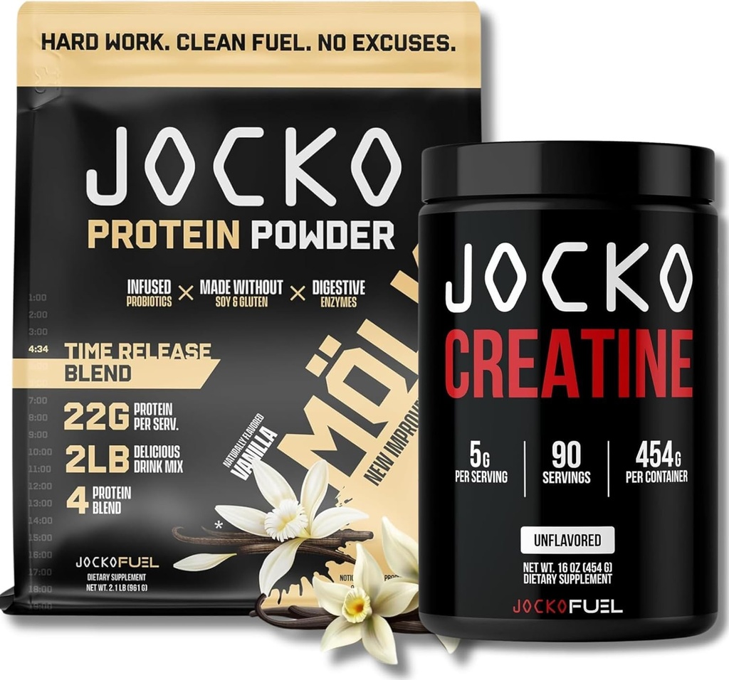 Jocko Fuel Bundle - Vanilla Mölk Protein Powder + Kreatin Monohidrat Prašek za moške in ženske - paket za ateltično zmogljivost, okrevanje, in rast mišic